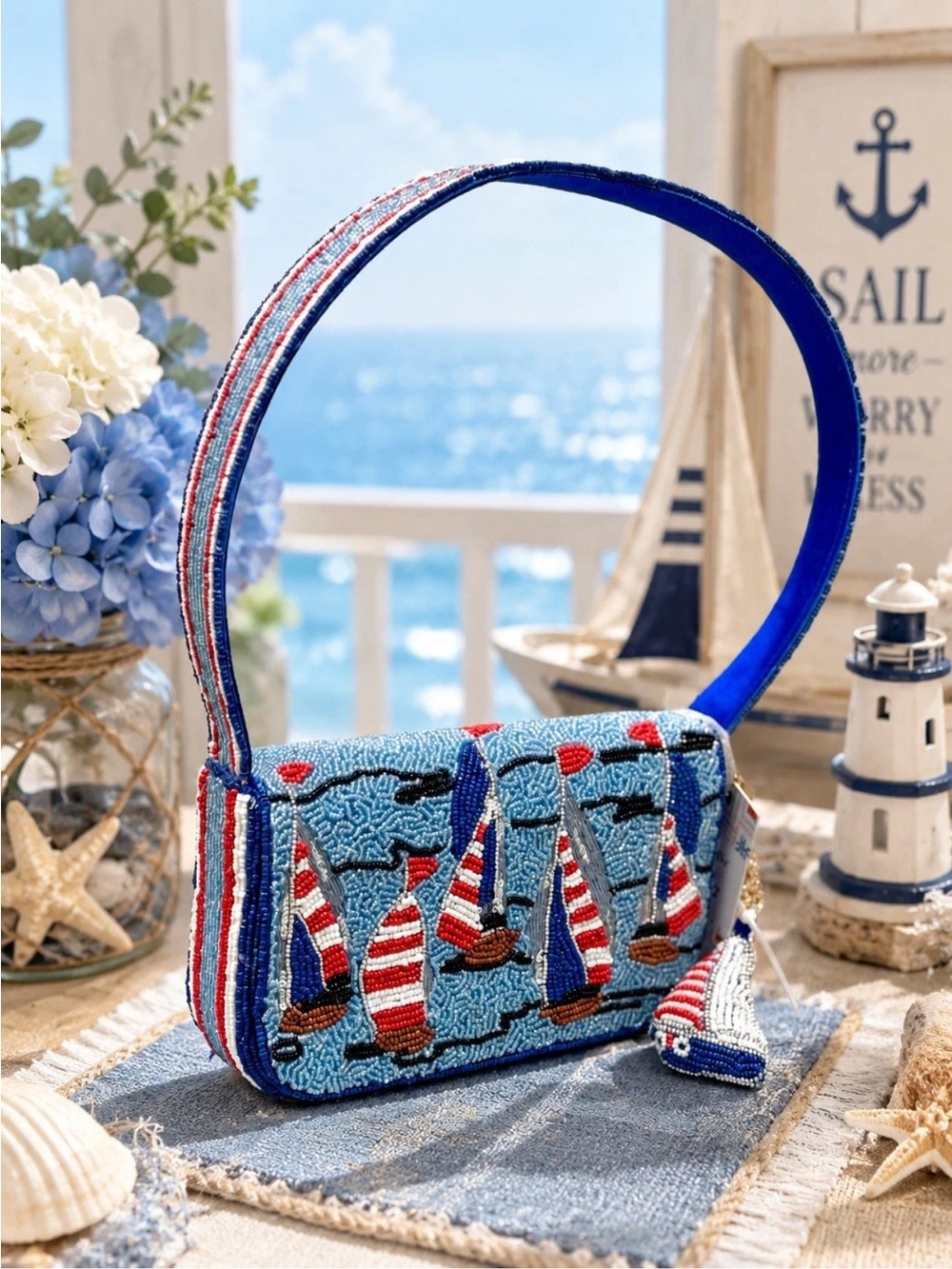 HANDCRAFTED IN INDIA RARE VIRAL SAILBOAT BEADED BAG W/BAG Charm patriotic
